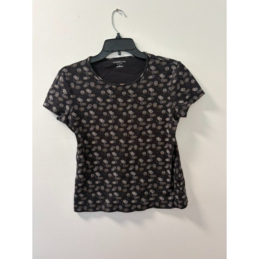 Croft & Barrow Womens S Black T-Shirt Crew Neckline Cotton Sleeve Short Print